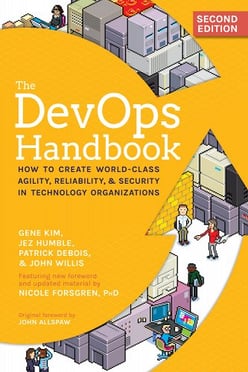 Book cover of the DevOps Handbook on how to create world class agility, reliability, & security in technology optimization.