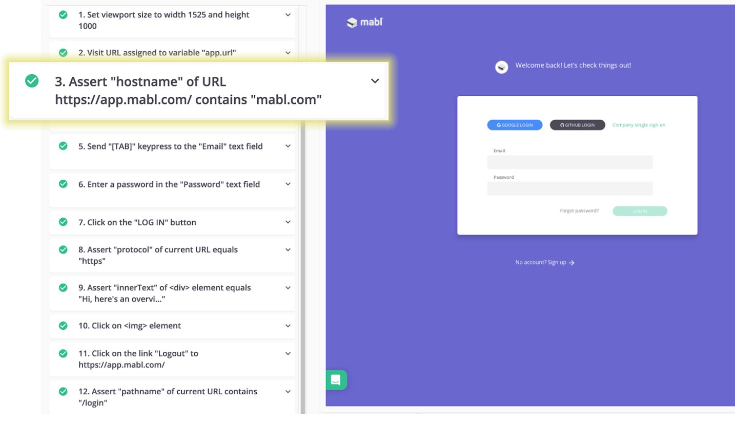 A screenshot showing how to do an assertion that the domain name in the URL is correct, without including the entire host.