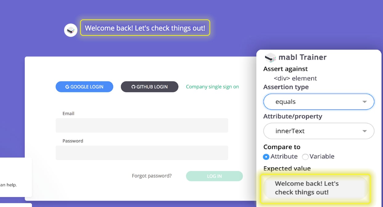 A screenshot showing how to make sure there’s a friendly welcome message on the login page with an equality assertion.