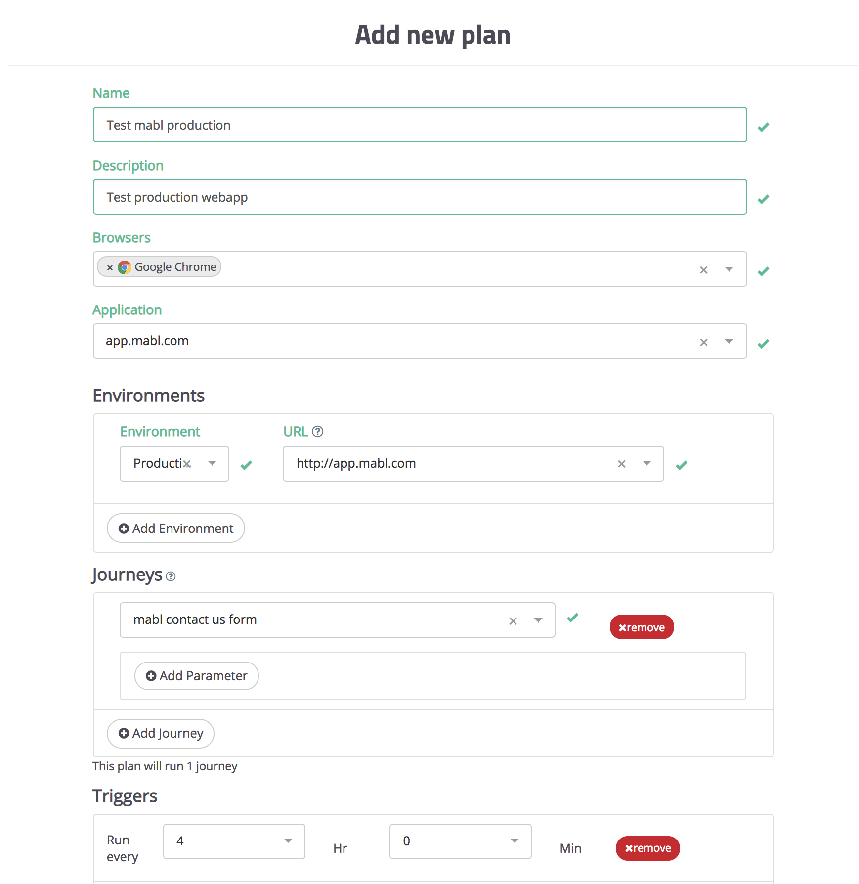 An example plan that contains one journey, set to execute the journey on Chrome, against the target application in Production.