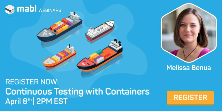A picture of Melissa Benua on a blue background with cartoon boats and the words continuous testing with containers.