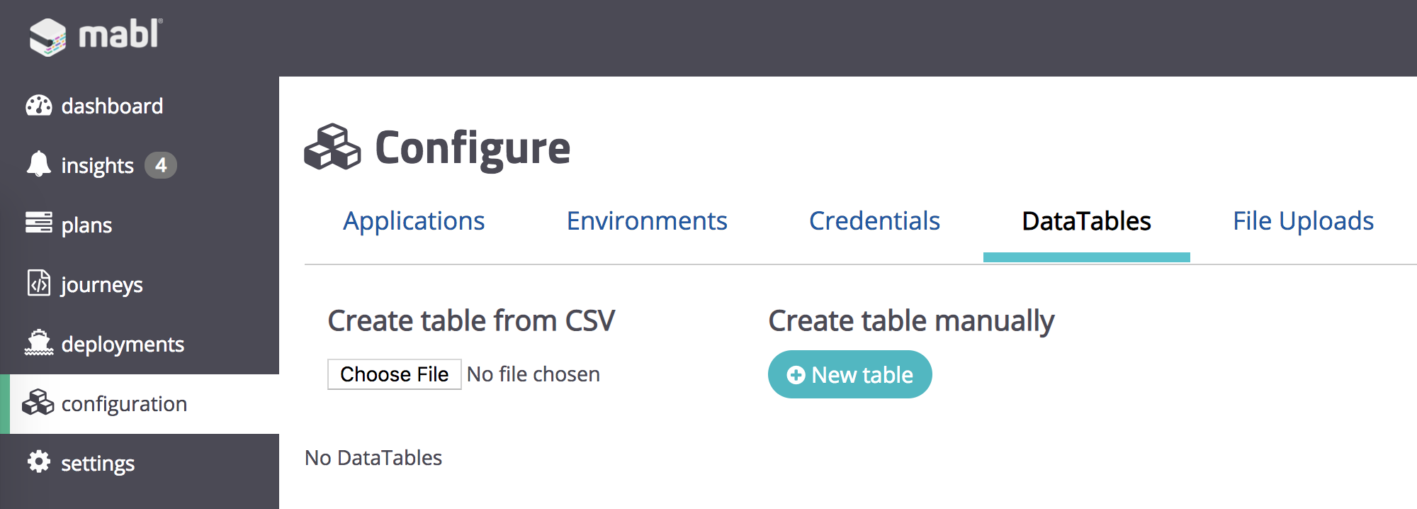 A screenshot showing how to create a Data Table in the configuration panel of the mabl dashboard.