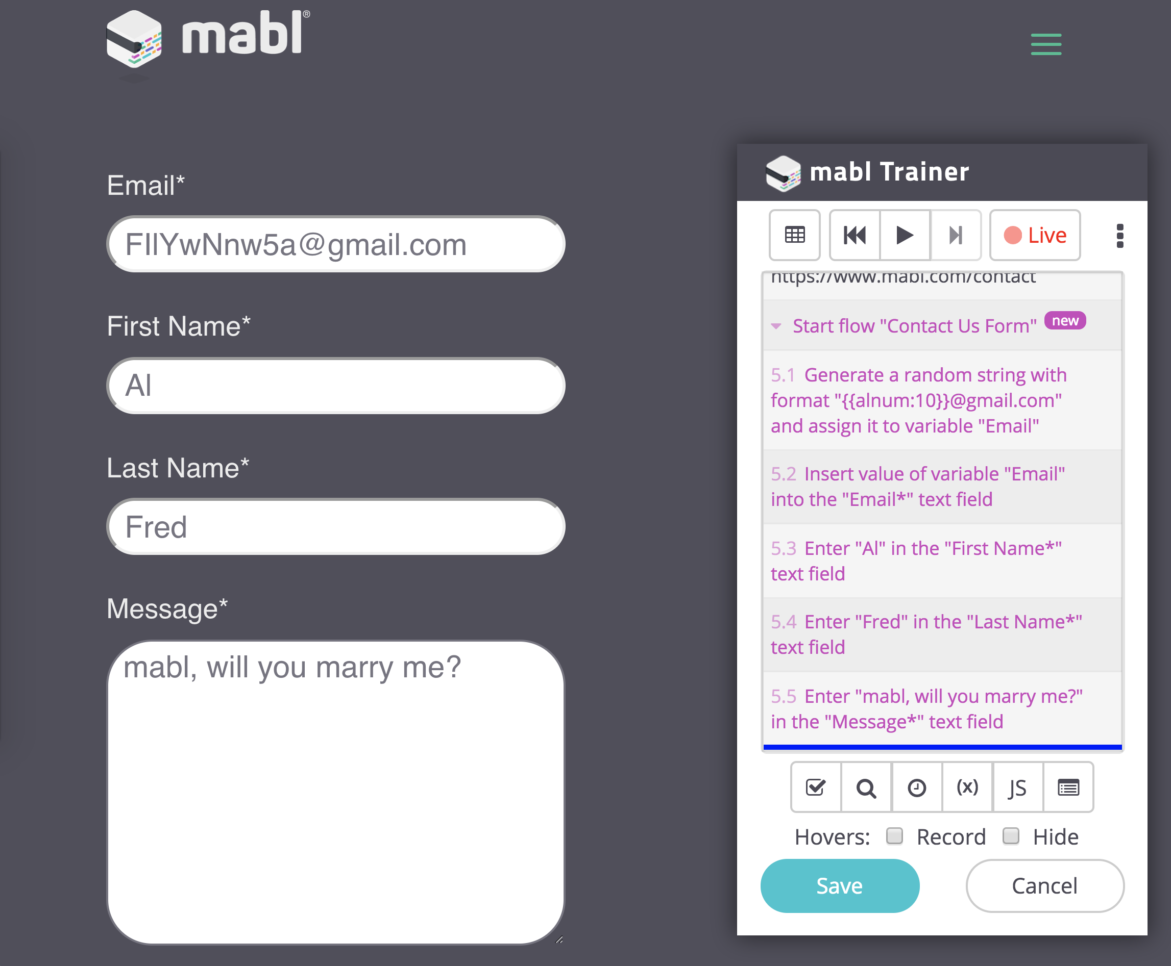 A screenshot of the reusable flow Contact Us Form and everything that is recorded while in that mode shows up in purple.