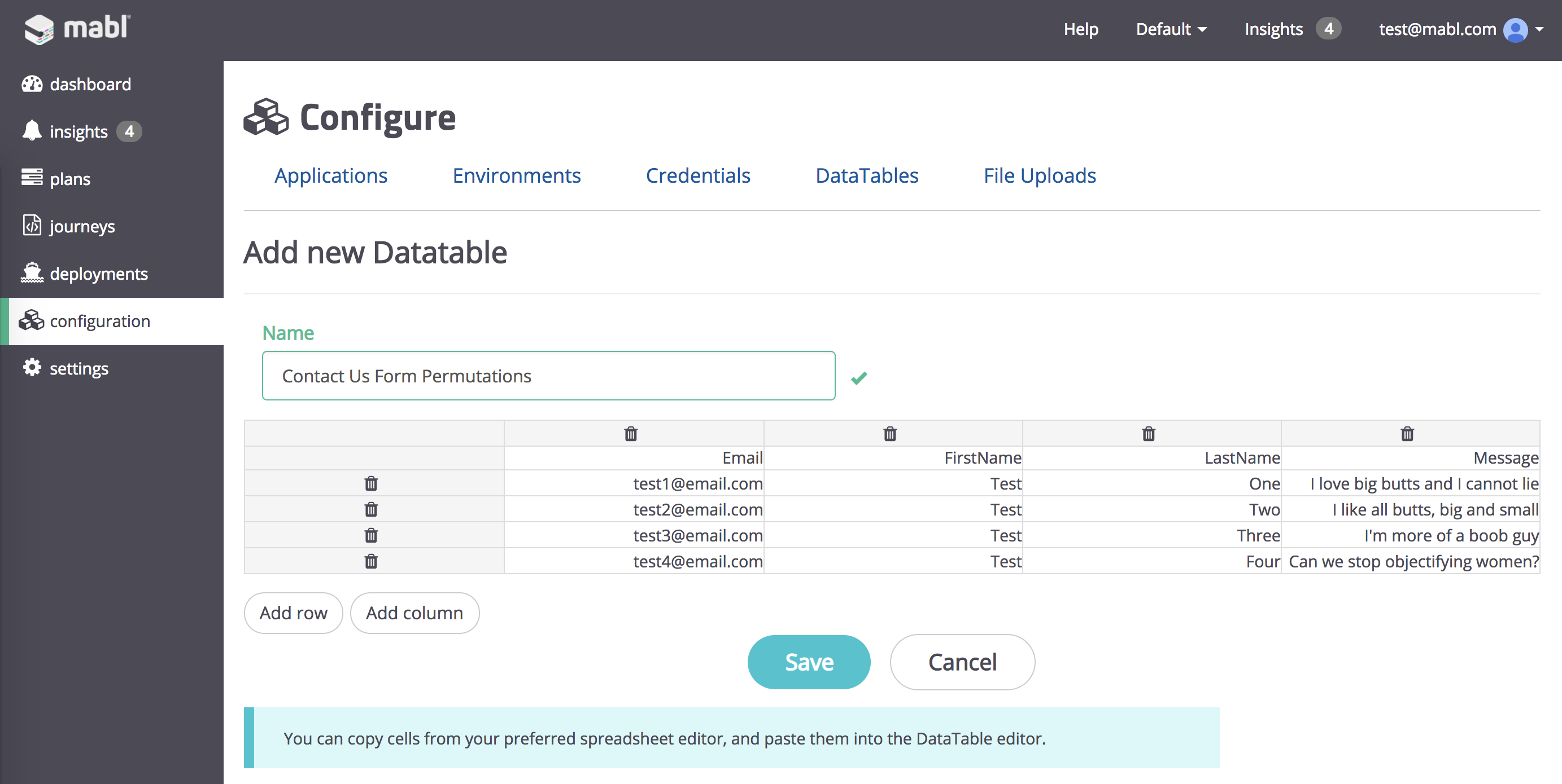 A screenshot showing how you can manually type the values into the table, copy and paste from a spreadsheet, or upload a CSV.