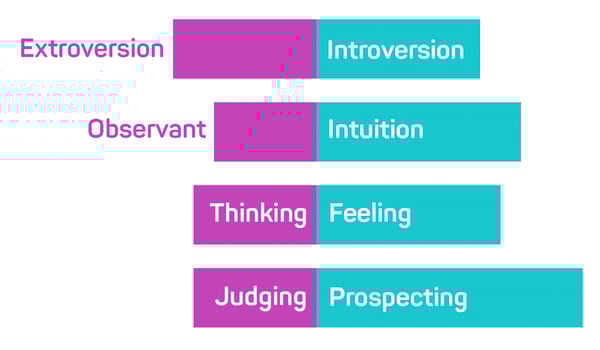 A Meyers Briggs personality chart showing where someone falls in each area of personality.