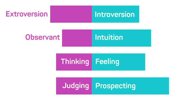 A Meyers Briggs personality chart showing where someone falls in each area of personality.