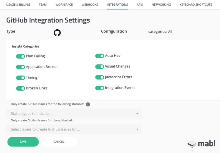 A screenshot showing that you can also configure the integration to create issues when mabl detects Visual Changes and more.