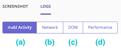 A screenshot of mabl log categories, including mabl Activity, Network, DOM, and Performance.