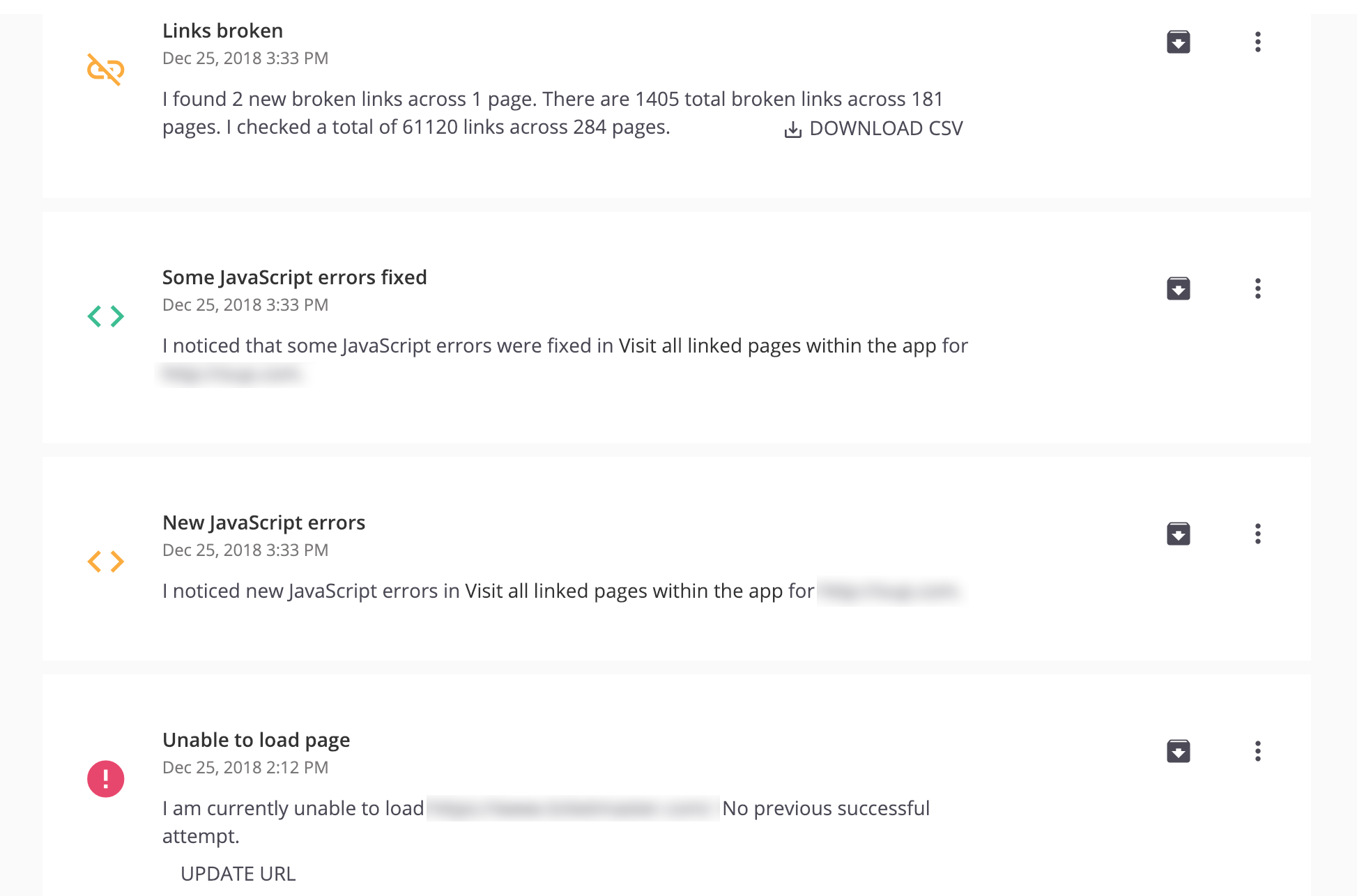 A screenshot showing a crawler that highlights any broken links as well as any Javascript errors it encounters.