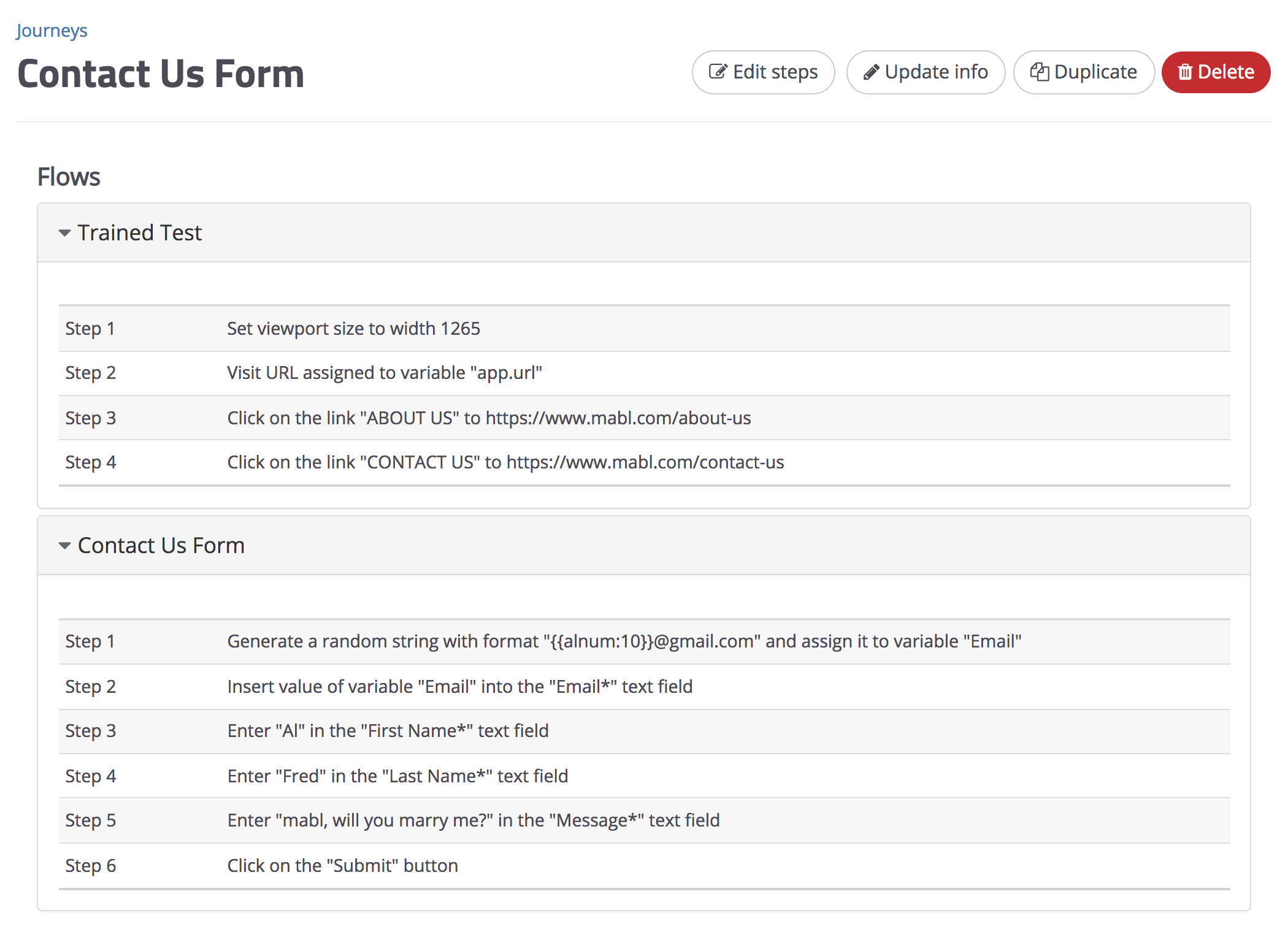 A screenshot showing an example journey which navigates to a mabl Contact Us form and fills it out.