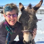 Lisa Crispin kneeling next to a donkey. She has her hand on the side of it's face.