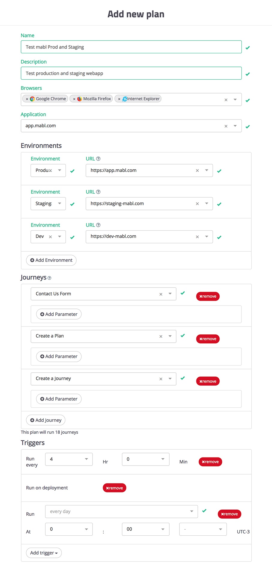 A screenshot showing how to fill out a new plan form and to scale a plan up from 1 journey execution, to 18 executions.