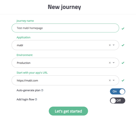 A screenshot showing that In the mabl dashboard, you have the options to create a new Journey or create a new application.