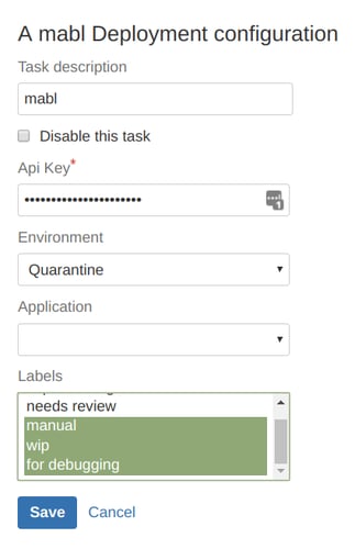 A screenshot showing that the updated mabl plugin for Bamboo (v0.0.9) adds support for labels.