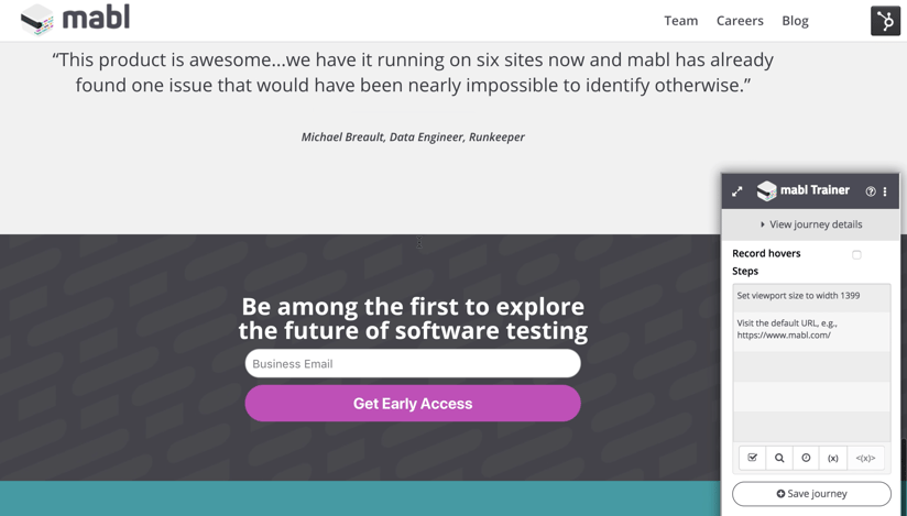 A screenshot showing how to create a custom Journey that tests the early access email form on the website.