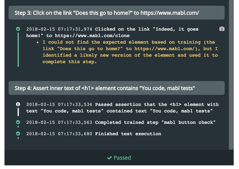A screenshot showing that a test passed, but the output shows that mabl had to apply a workaround.