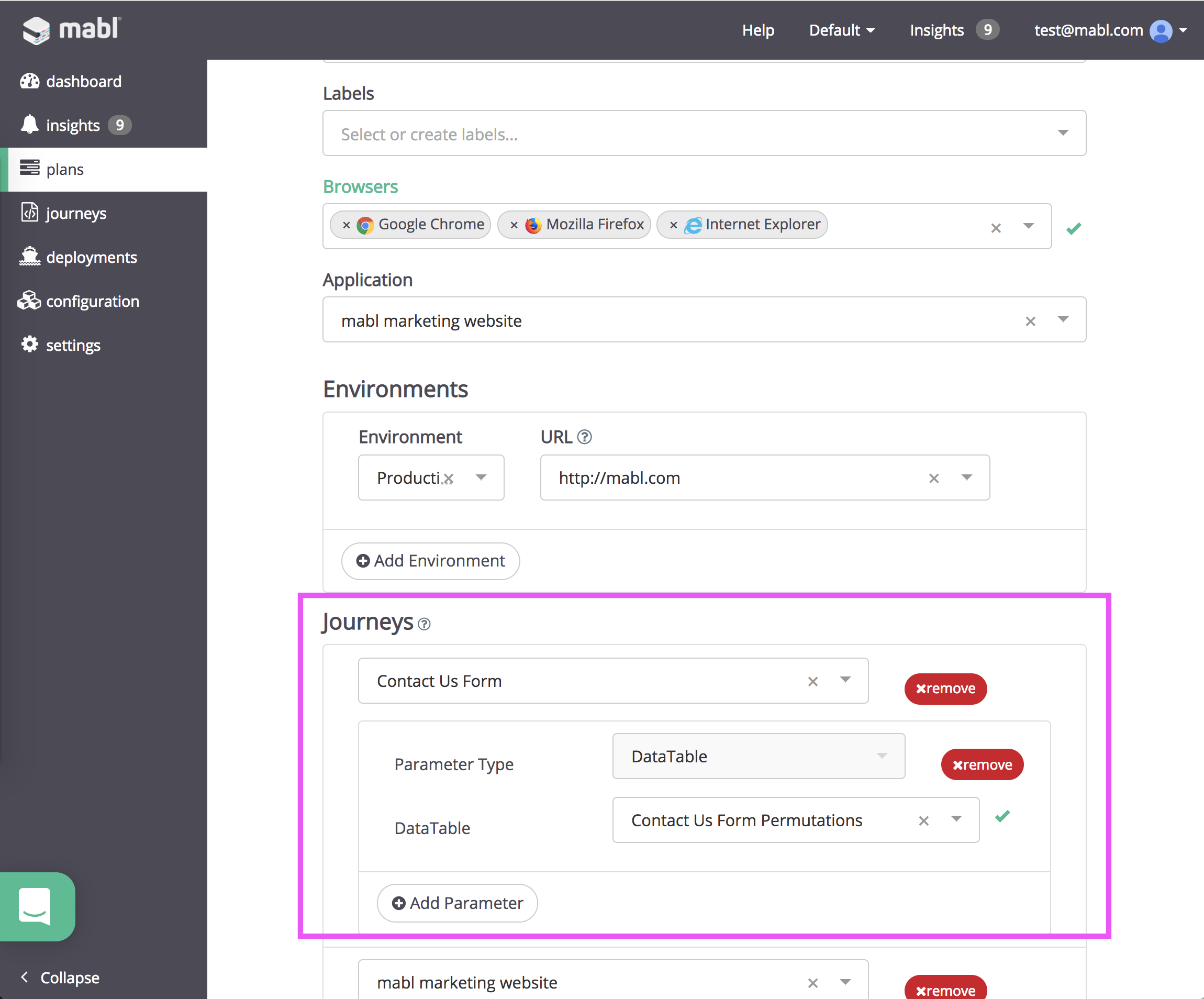 A screenshot showing how to use a data table by specifying it in the Plans configuration.