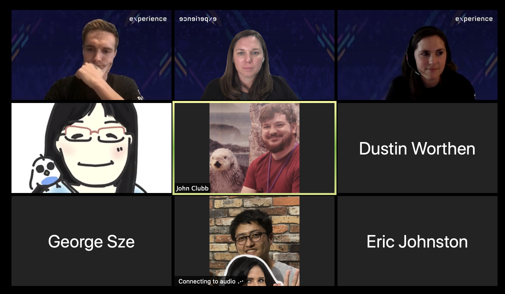 A Zoom meeting with 9 participants. 3 only have names up and 1 has a drawn picture instead of their face.
