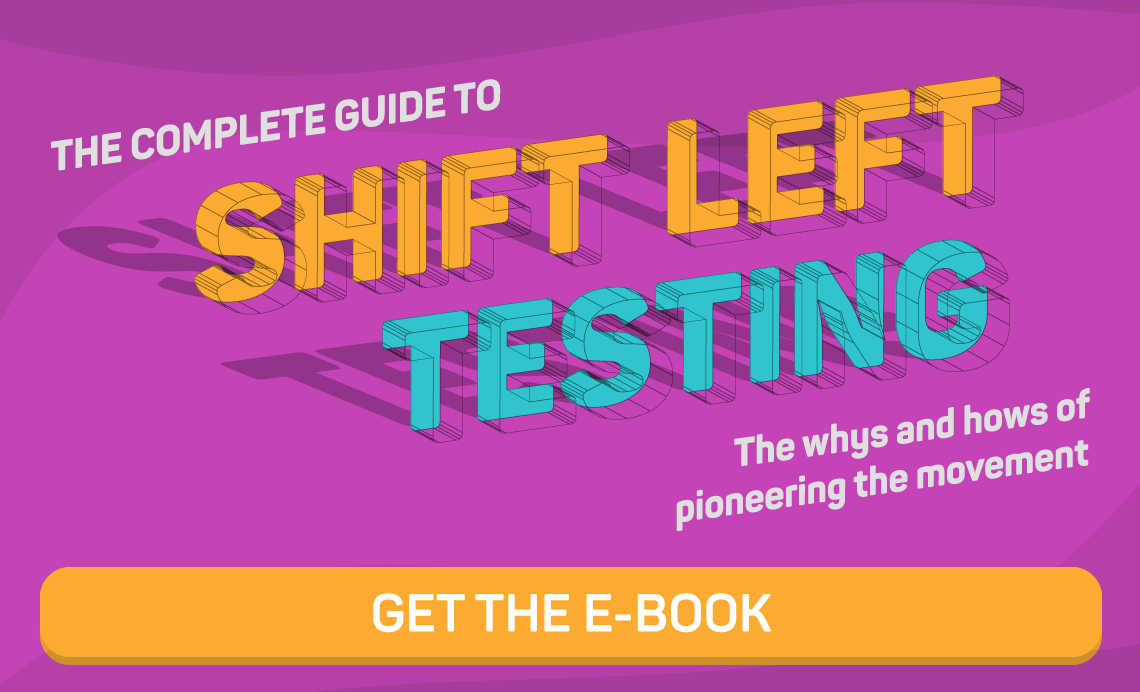 The words The complete guide to shift left testing the whys and hows of pioneering the movement, get the e-book, on pink.