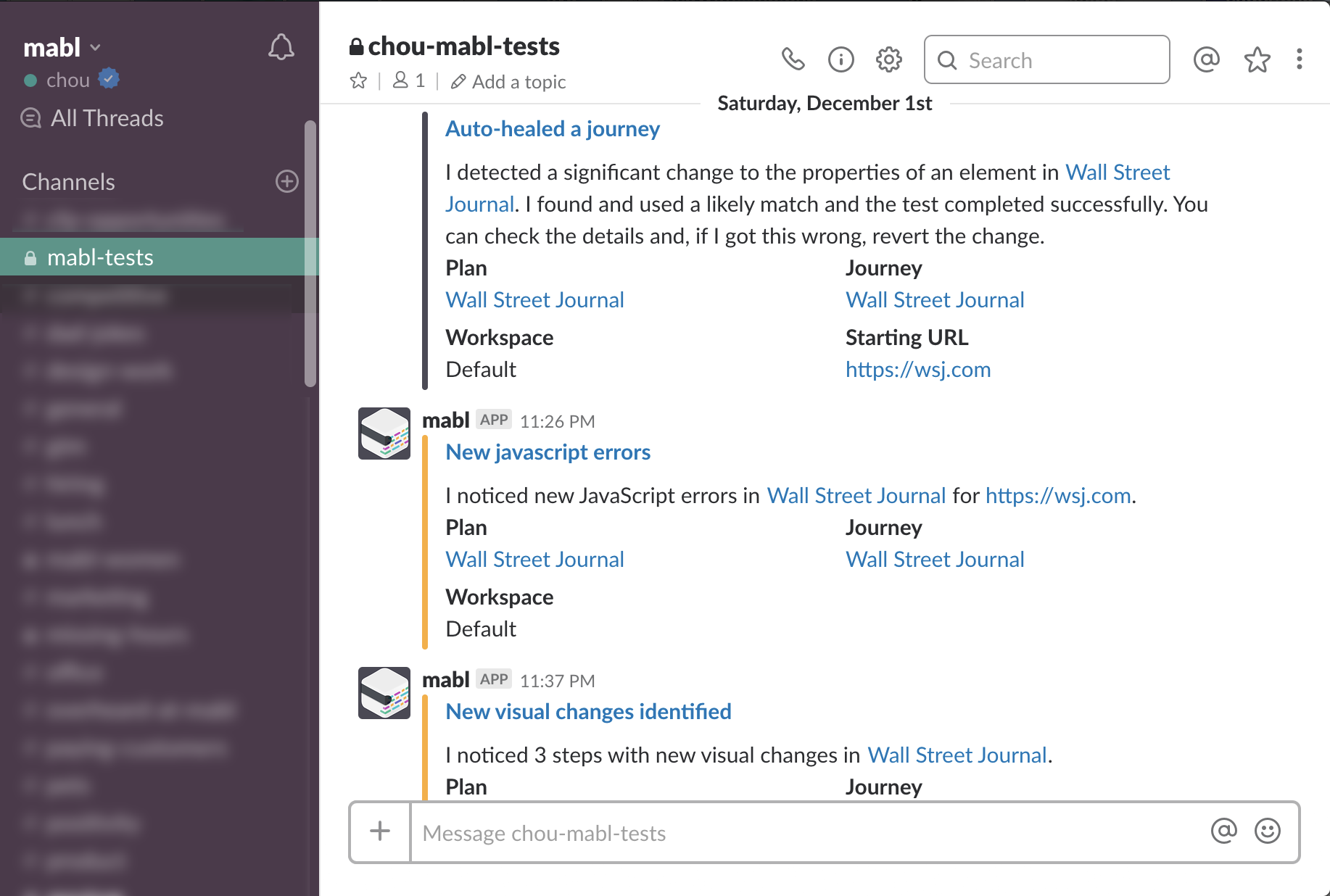 A screenshot showing that mabl sends insights to your Slack account that can go directly to you or a channel for your team.
