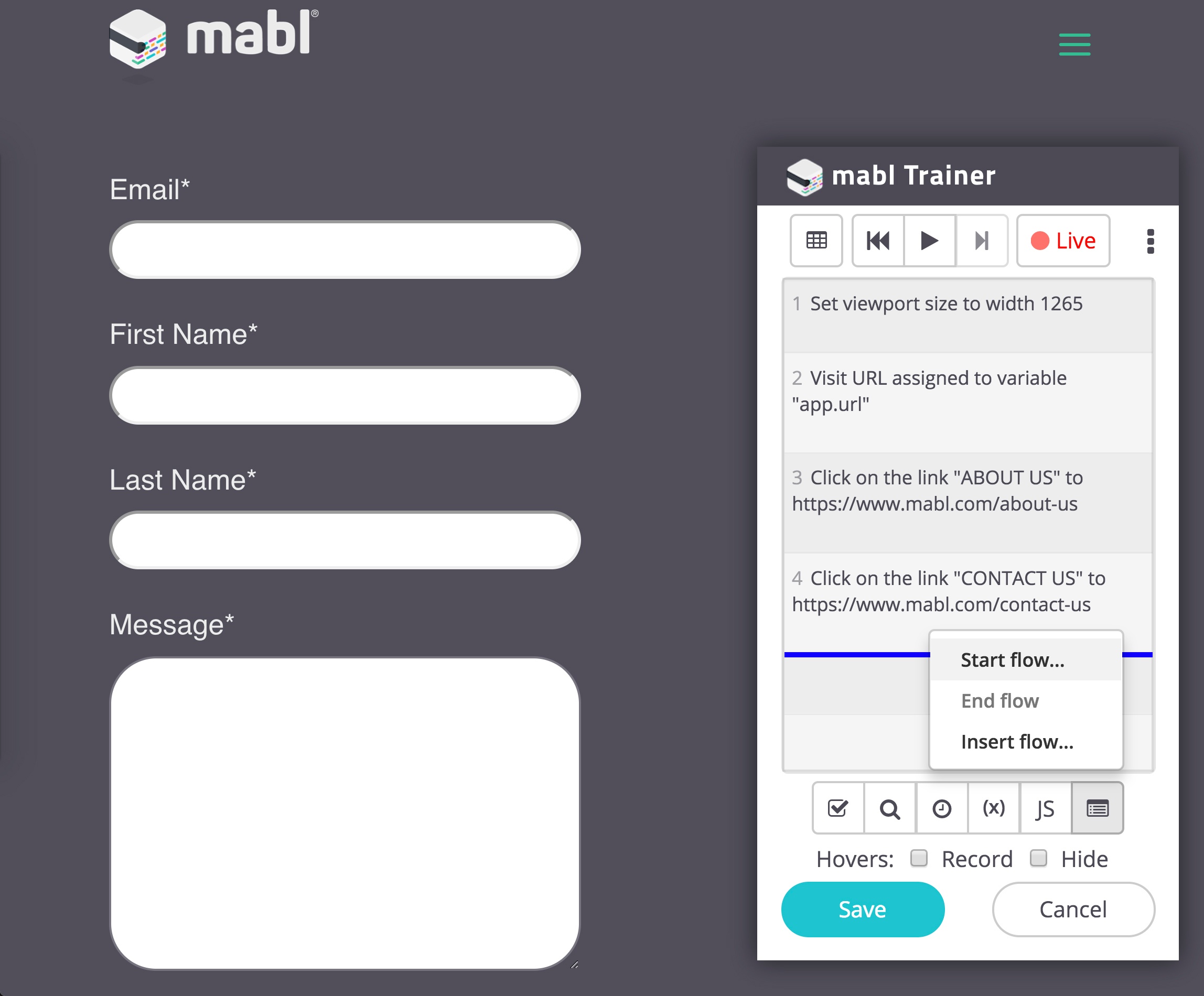 A screenshot showing that the steps taken to navigate to the contact form are recorded in grey.