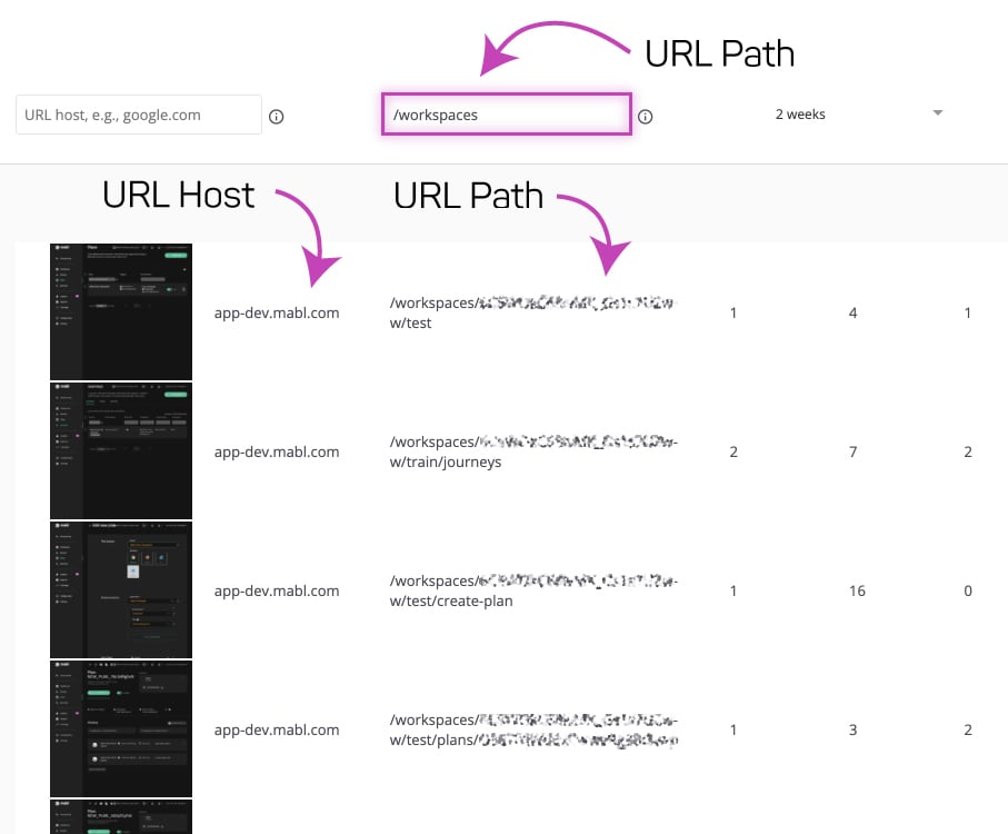 A screenshot showing that mabl is beginning to expose a page-based model of the application under test.