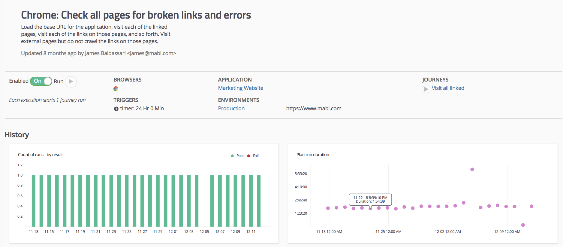 A screenshot showing that mabl provides insights when there are visual changes, broken links, and extended page load times.