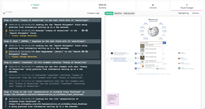 A screenshot showing that mabl provides extensive data about each test execution by taking screenshots at every step.