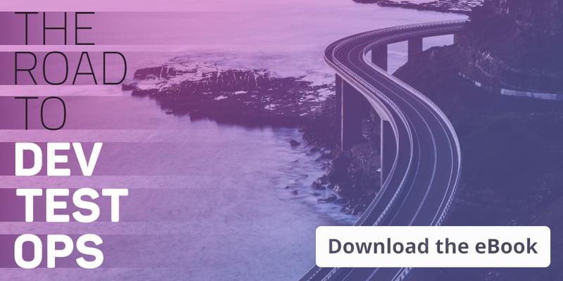 The words the road to dev test ops over a picture of an elevated highway along a rocky shoreline.