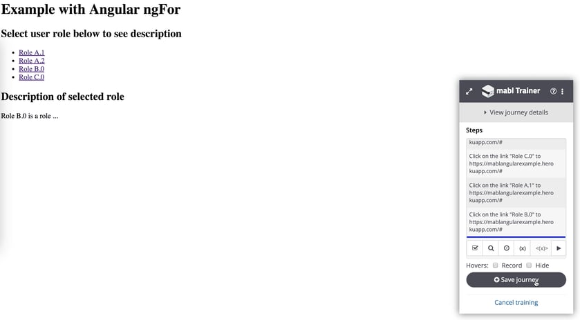 A screenshot of the mabl trainer, recording each step as we interact with our Angular app.