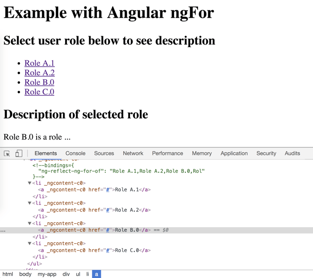 A screenshot of an example of a dynamically generated list in an Angular app with ngFor.