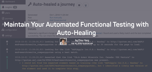 The words Maintain your automated functional testing with auto-healing by Chou Yang, over a screenshot of mabl insights.
