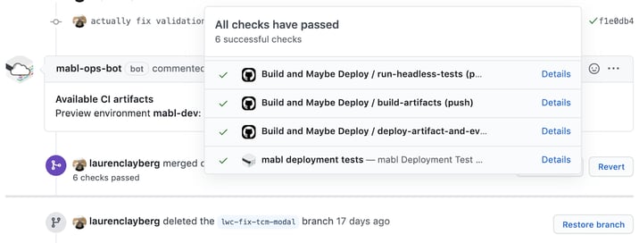 A screenshot showing an example of a pull request with a preview environment and mabl tests.