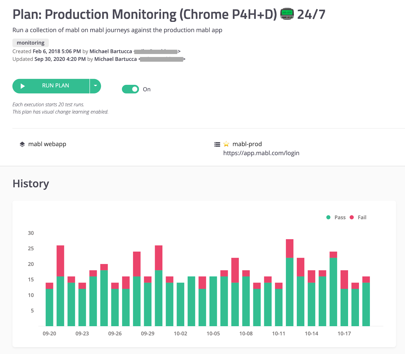 A screenshot showing how mabl tests their production app using their development app and the results thereof.