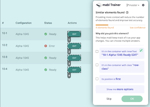 A screenshot showing how to work with tables and grids in mabl Trainer.