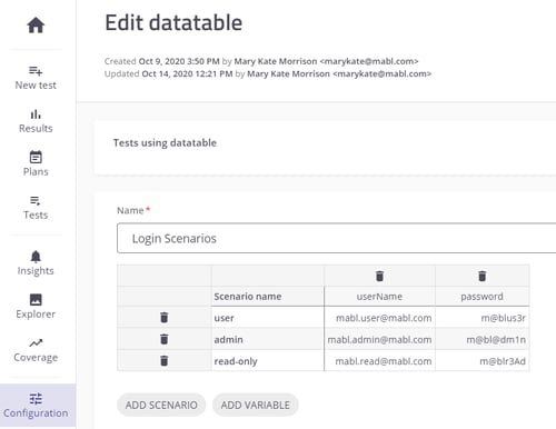 A screenshot showing how data tables define different sets of data to use within a test.