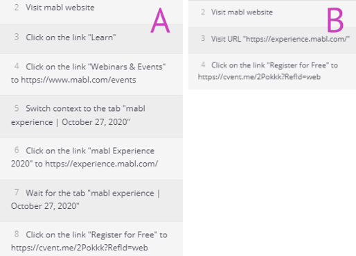 A screenshot showing an example of consolidation of multiple steps (A) instead using Visit URL (B).