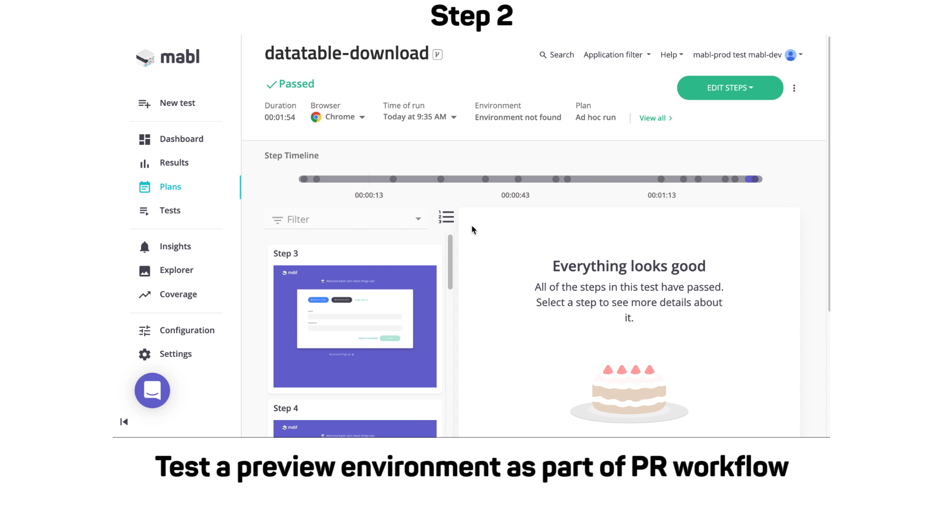 A screenshot of mabl's Plans page, labeled Step 2 Test a preview environment as part of PR workflow.
