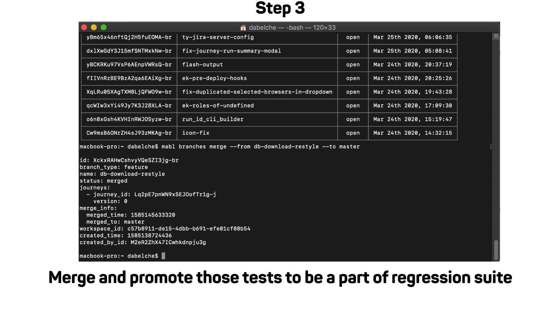 A screenshot of some code and the words Step 3 Merge and promote those tests  to be a part of regression suite.