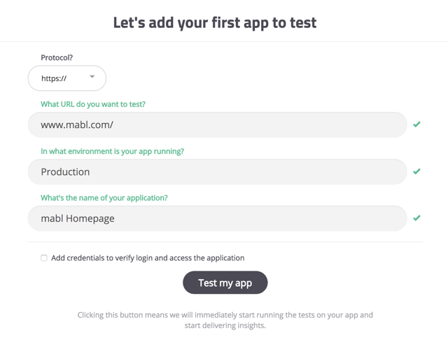 A screenshot show that you need to point mabl to your web app.
