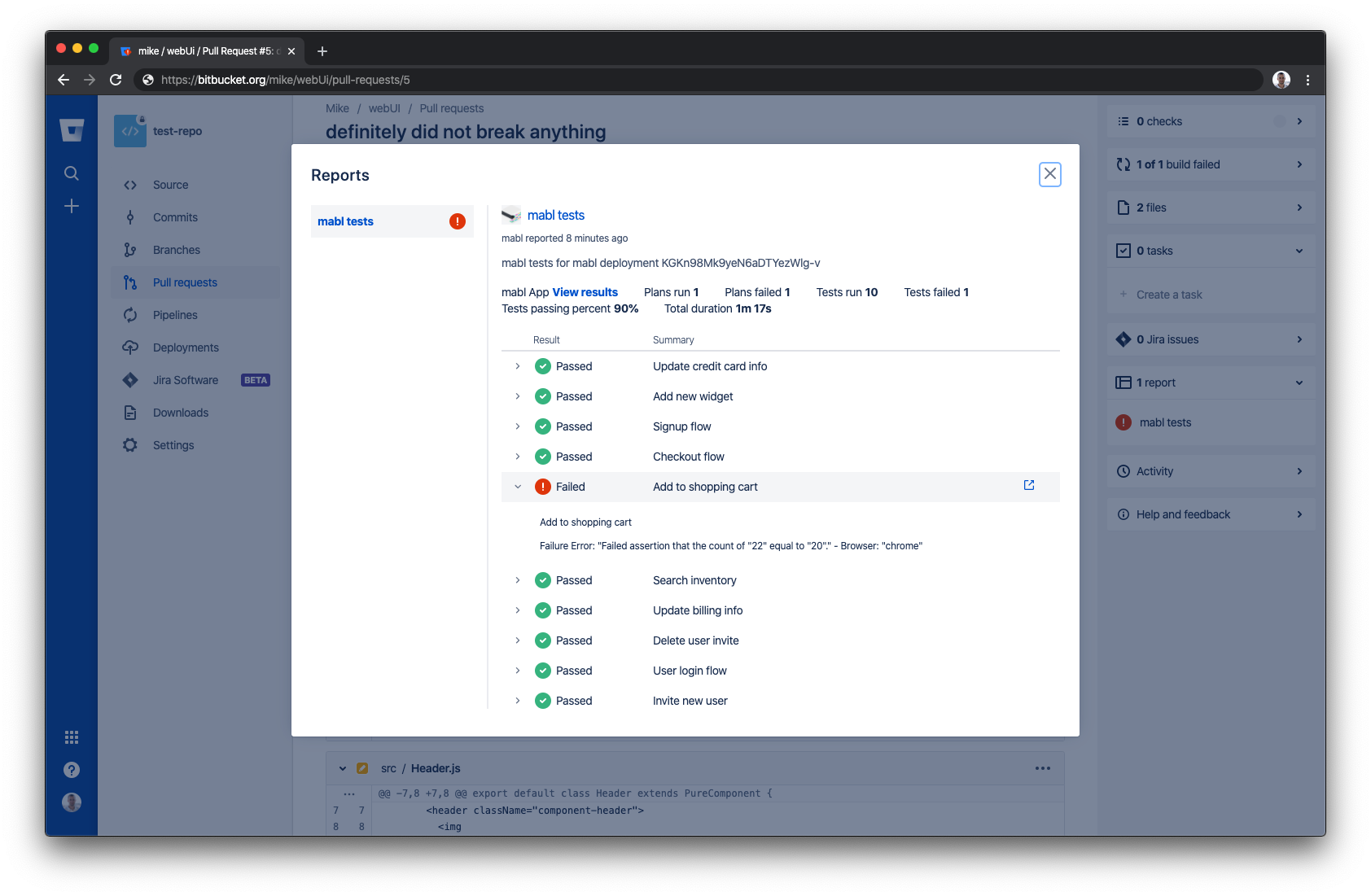 A screenshot showing that relevant test results are surfaced and readily available right where developers are already working.