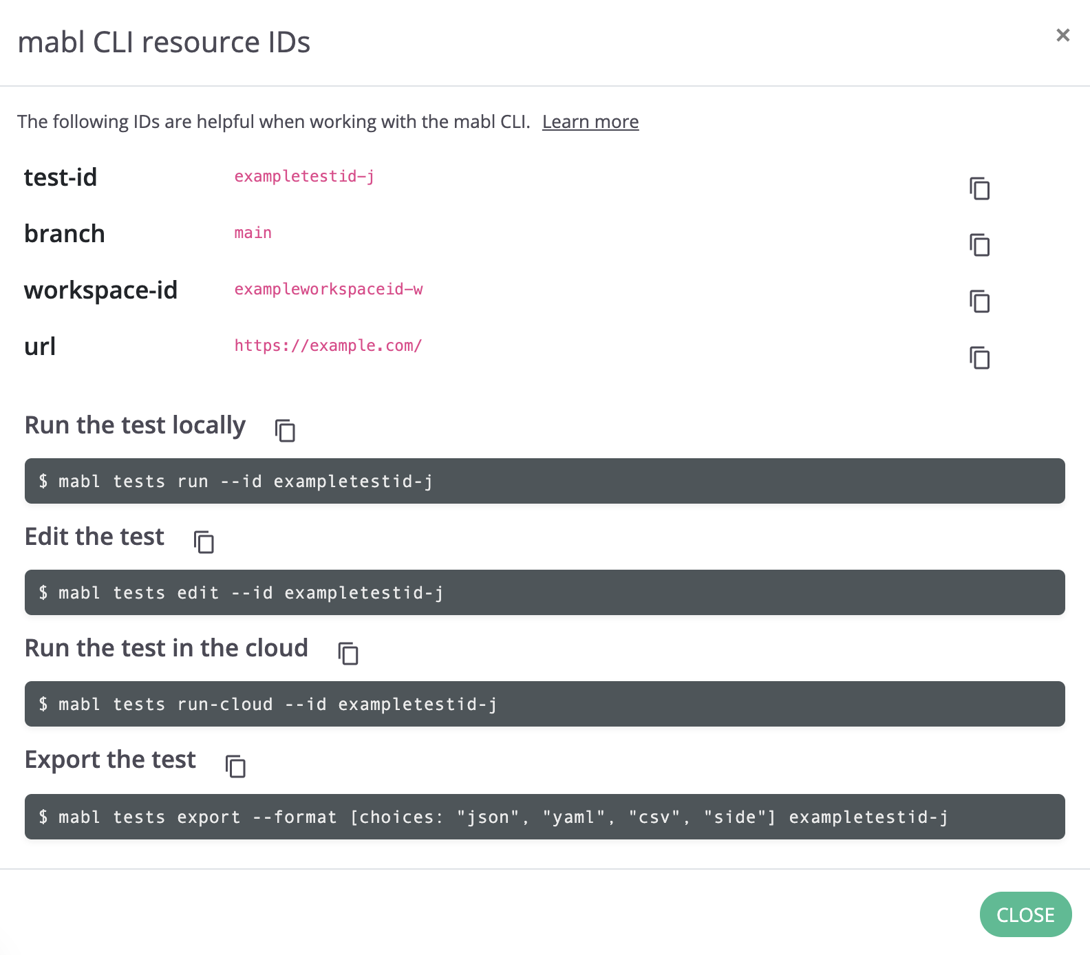 A screenshot showing how the mabl web app guides you into getting started with the mabl CLI.