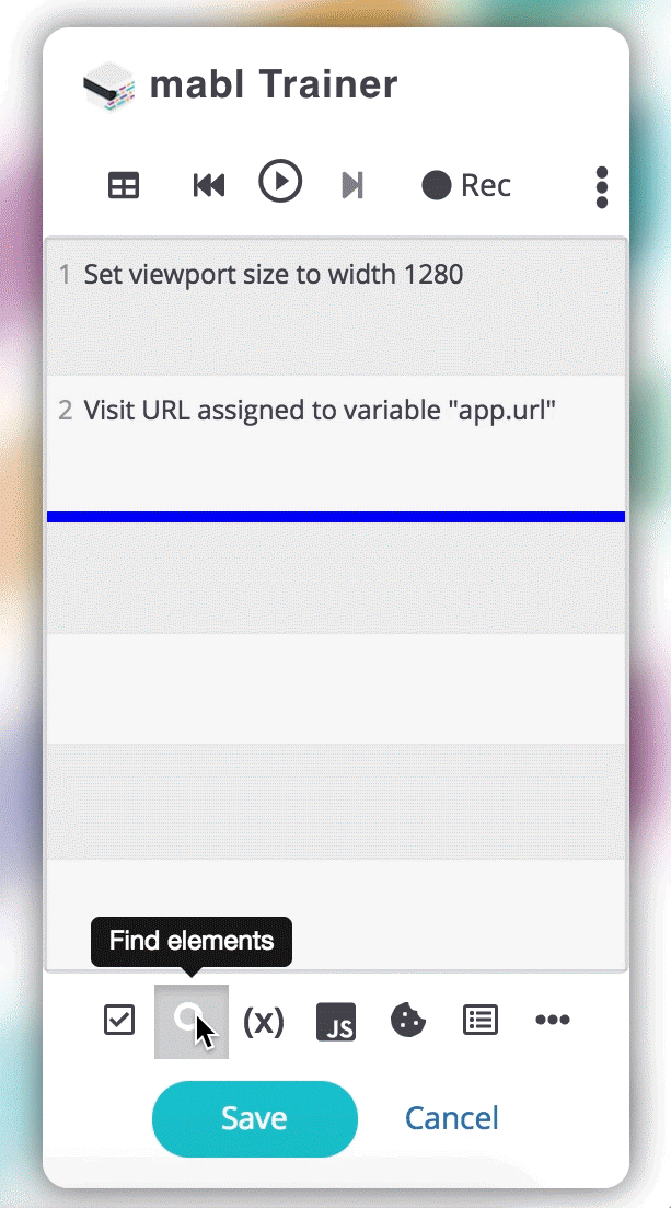 A gif demonstrating how to select criteria for find matching element in mabl Trainer.