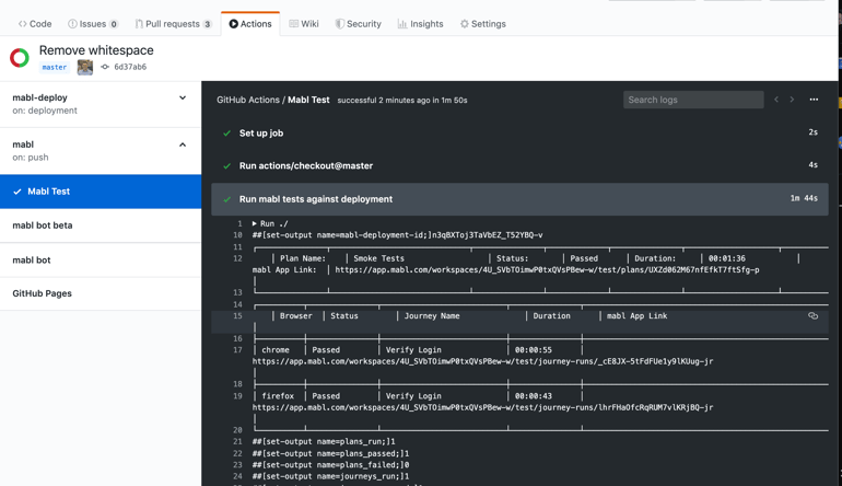 A screenshot showing that when the Action receives info on test results, it also provides you with deep links into mabl.