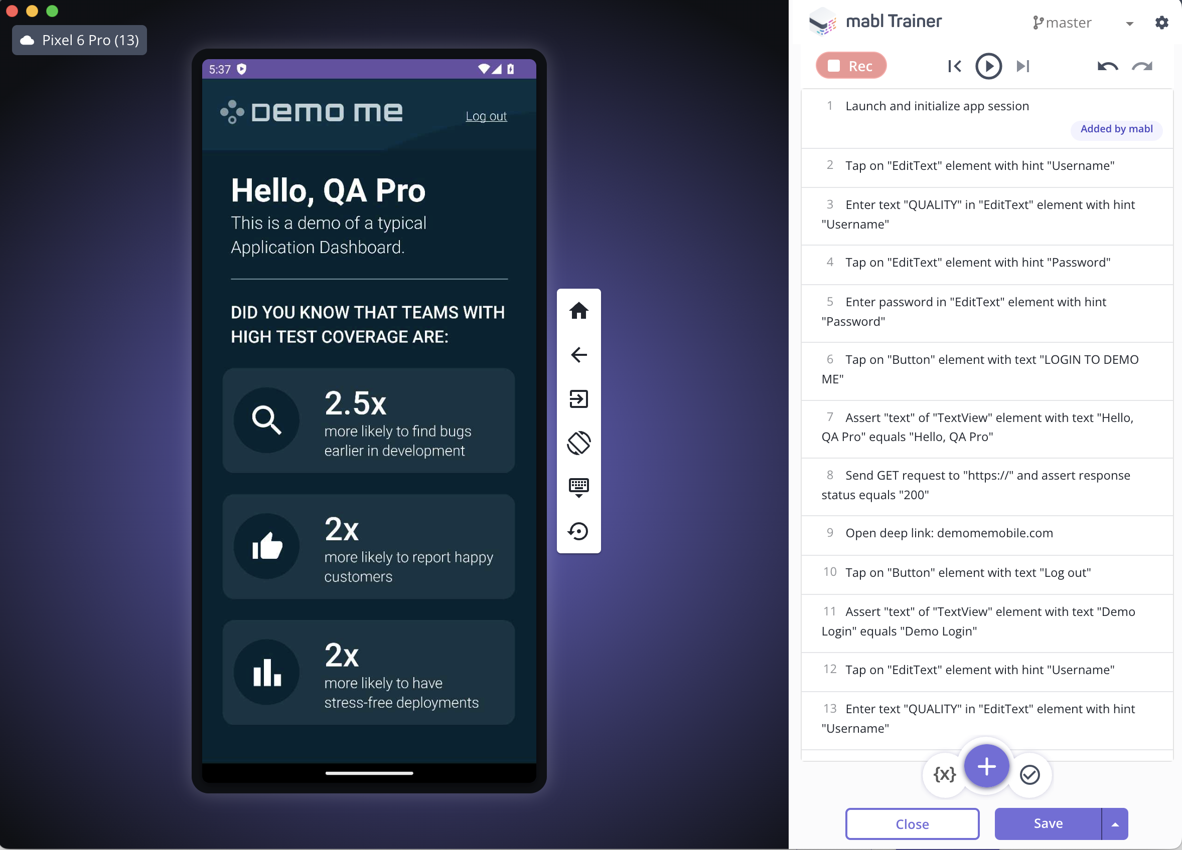 Screenshot of mabl Trainer, showing a user running a mobile test on a Pixel 6 Pro emulator.