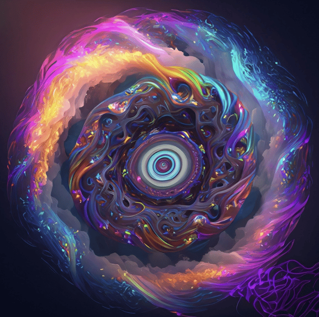 A swirling vortex of iridescent colors and ethereal forms. In its center, a kaleidoscope of abstract patterns dances and transforms.