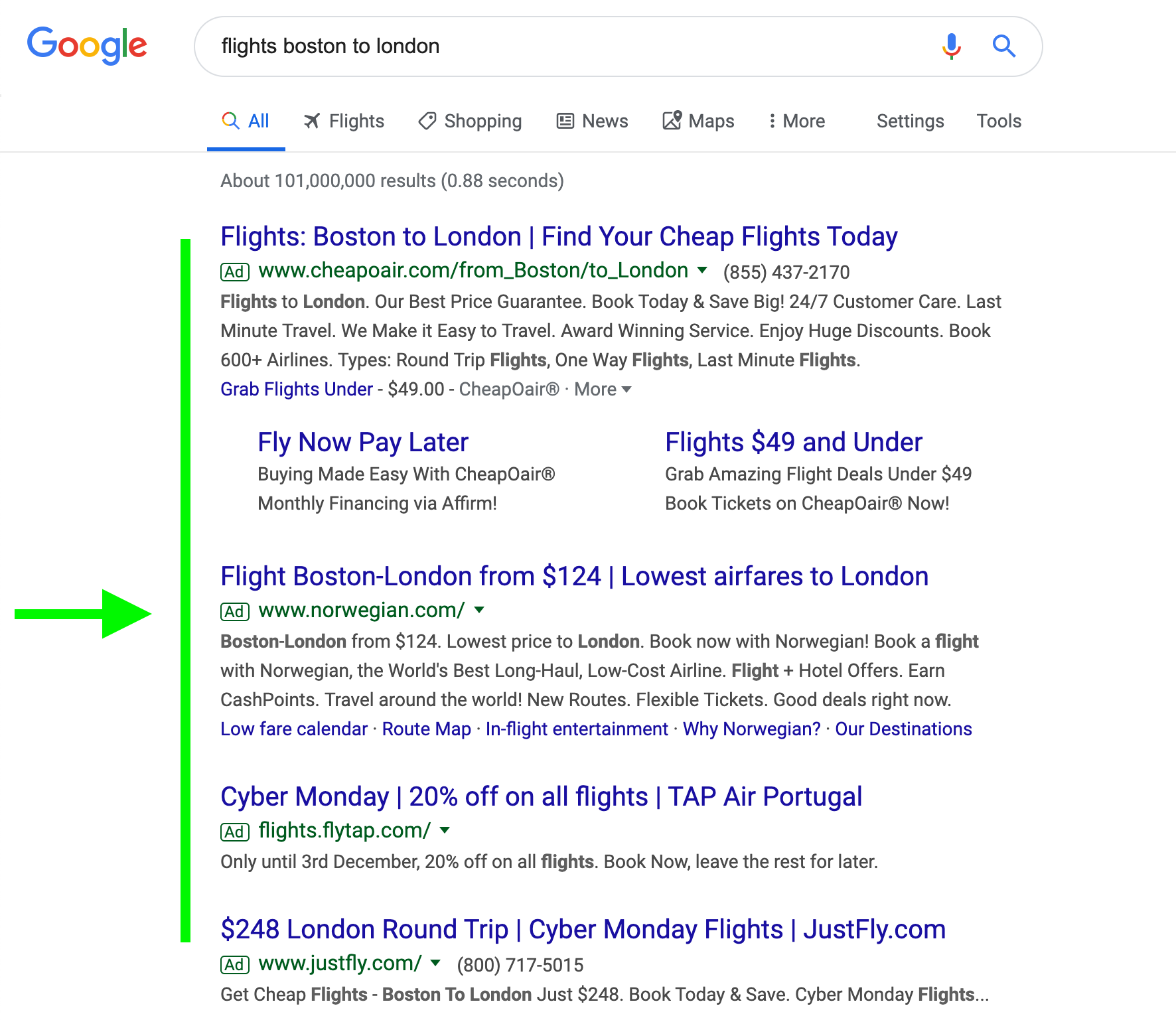 A screenshot of Google search results for flights Boston to London with a green arrow pointing to the second result.