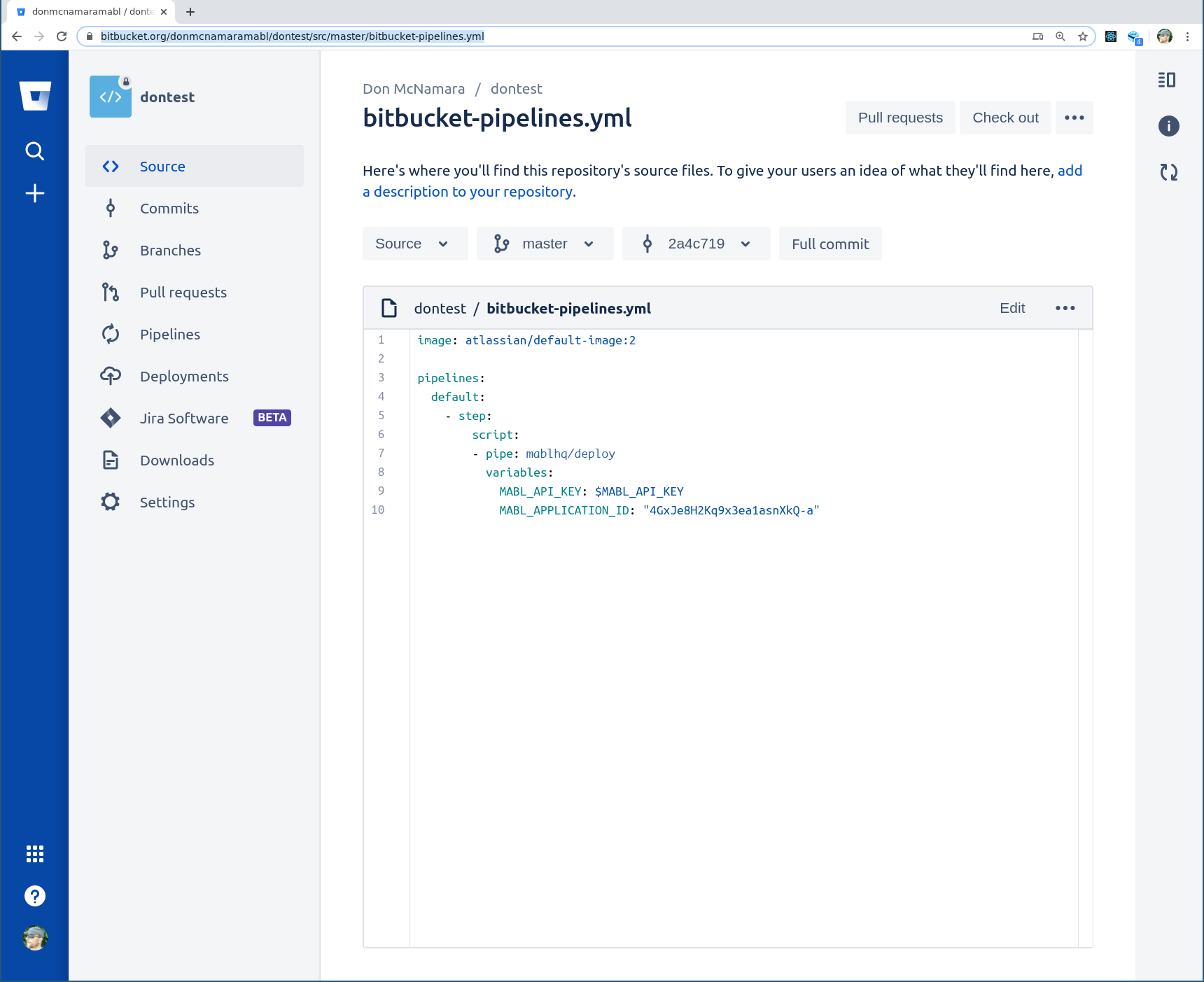 A screenshot showing how to retrieve the mabl Application ID and API key from your mabl workspace.