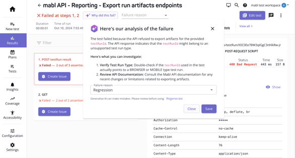 Screenshot of AI-powered test failure summary for API tests on the mabl platform.