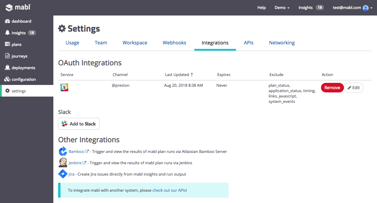 Slack configuration mabl